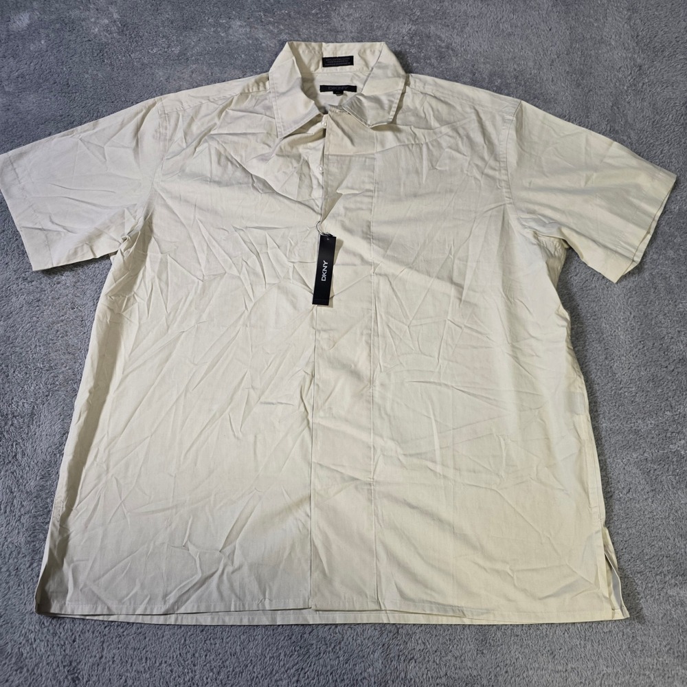 DKNY Mens XL Short Sleeve Button Up Shirt Stone Beige Hidden Placket 789940300